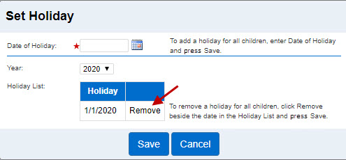 An image showing the option to remove and save a holiday 